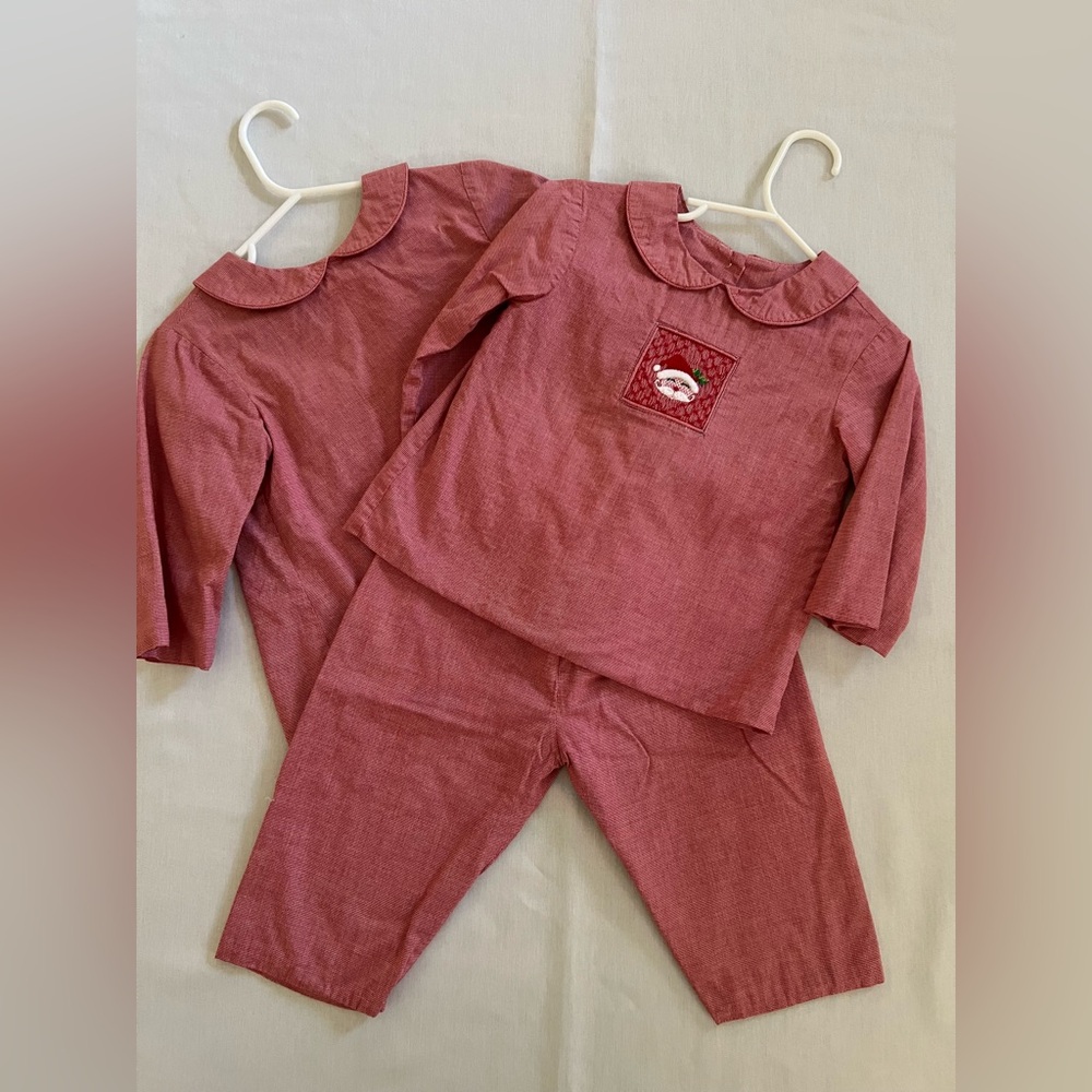 Beaux et Belles Red Long Sleeve Toddler Smocked Santa Christmas Outfit Set